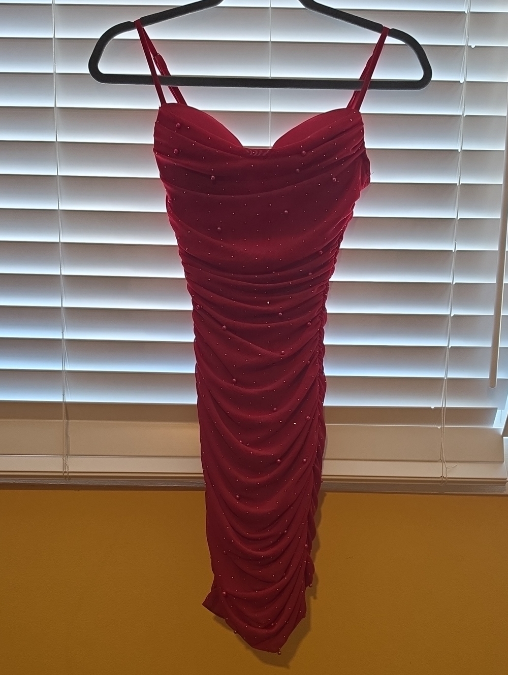 Elegant Red Ruched Slip Dress with Sparkle Detail